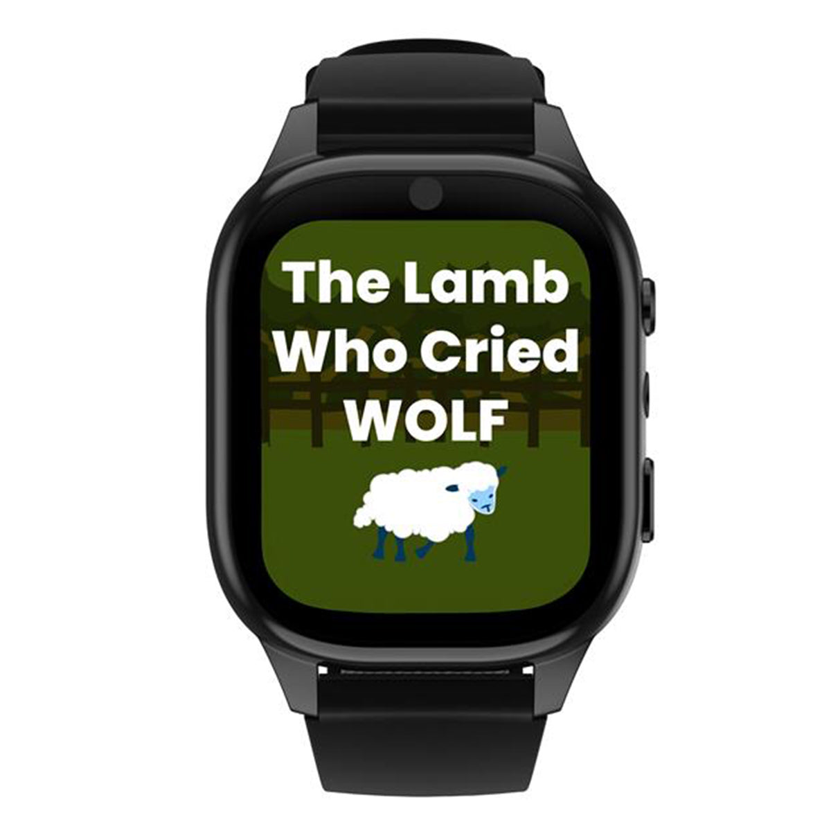Smartwatch displaying a graphic with text 'The Lamb Who Cried WOLF' on a green background.