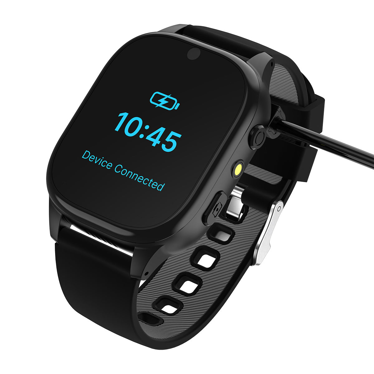 Black smartwatch charging with a connected device display on a white background
