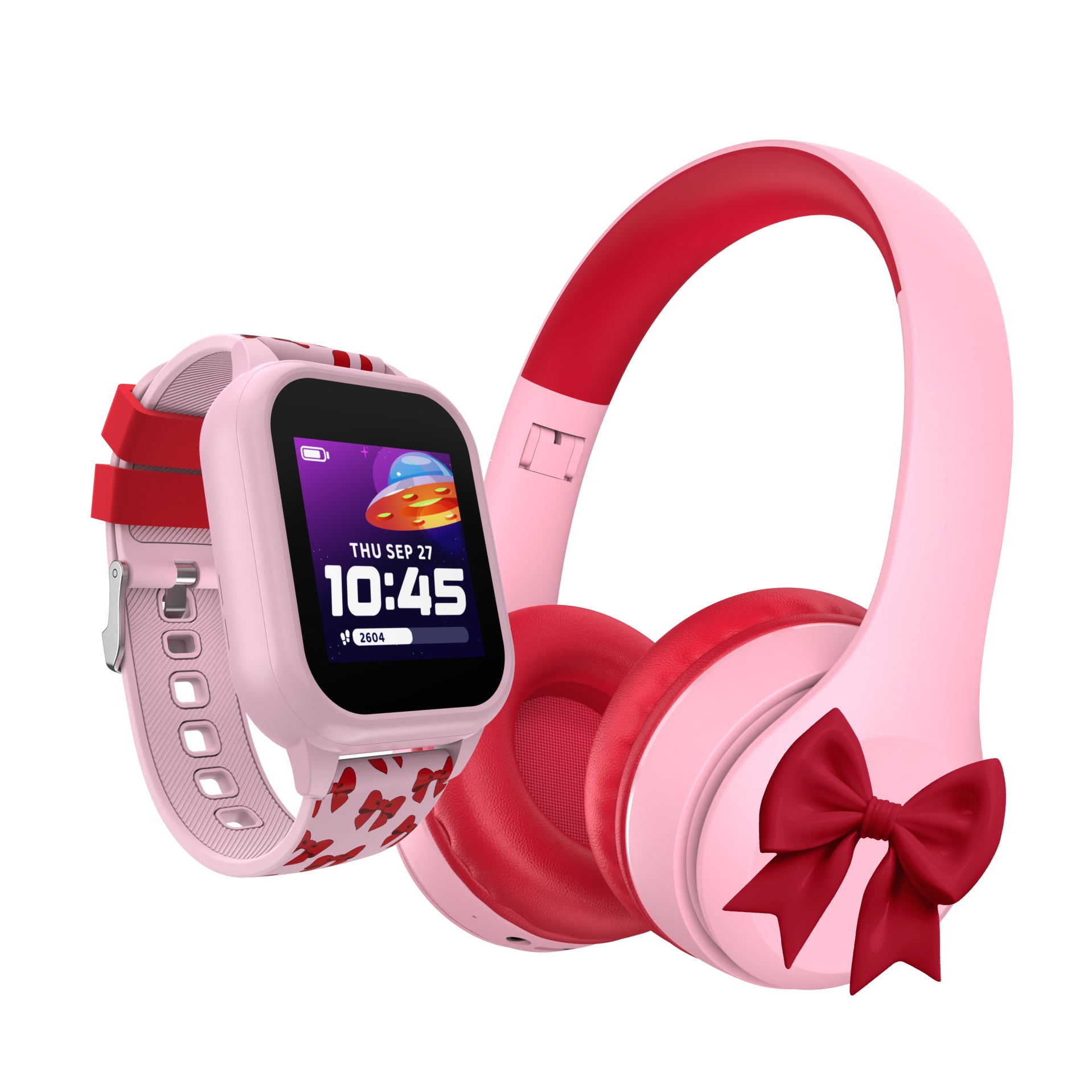 Pink smartwatch and headphones with a bow on a white background