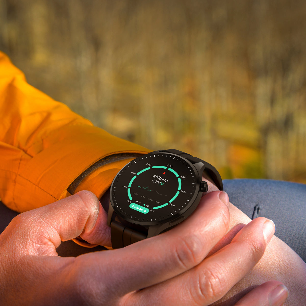 Person holding a smartwatch with a blurred natural background