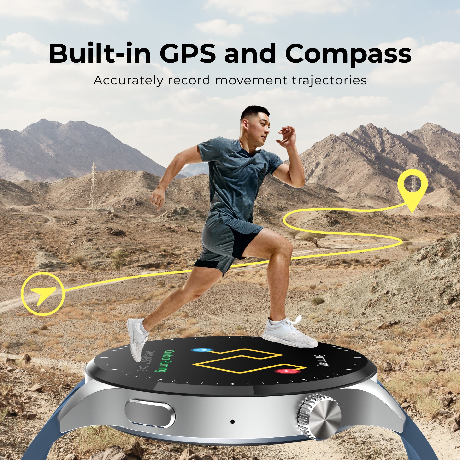 A smartwatch with a silver-toned metal case and blue band is shown in the foreground, with a man running through a rocky desert landscape in the background. Text at the top reads 'Built-in GPS and Compass' and 'Accurately record movement trajectories,' with yellow map graphics illustrating tracking.