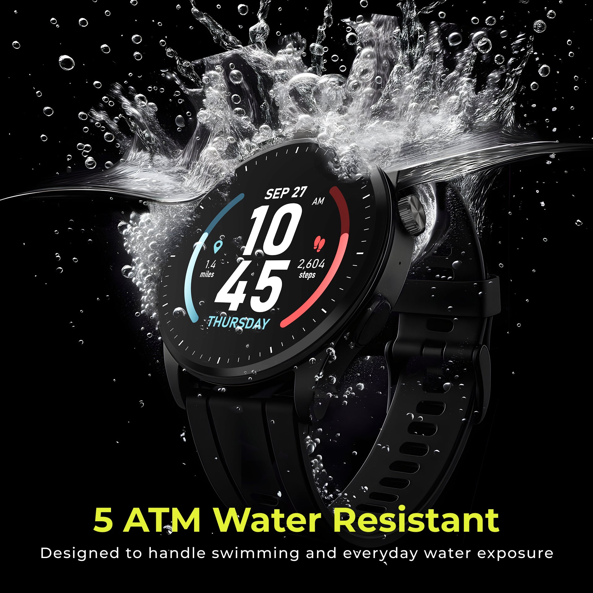 A black smartwatch with a round display and black strap, shown underwater with a dramatic water splash around it. The watch face displays digital time and activity metrics.
