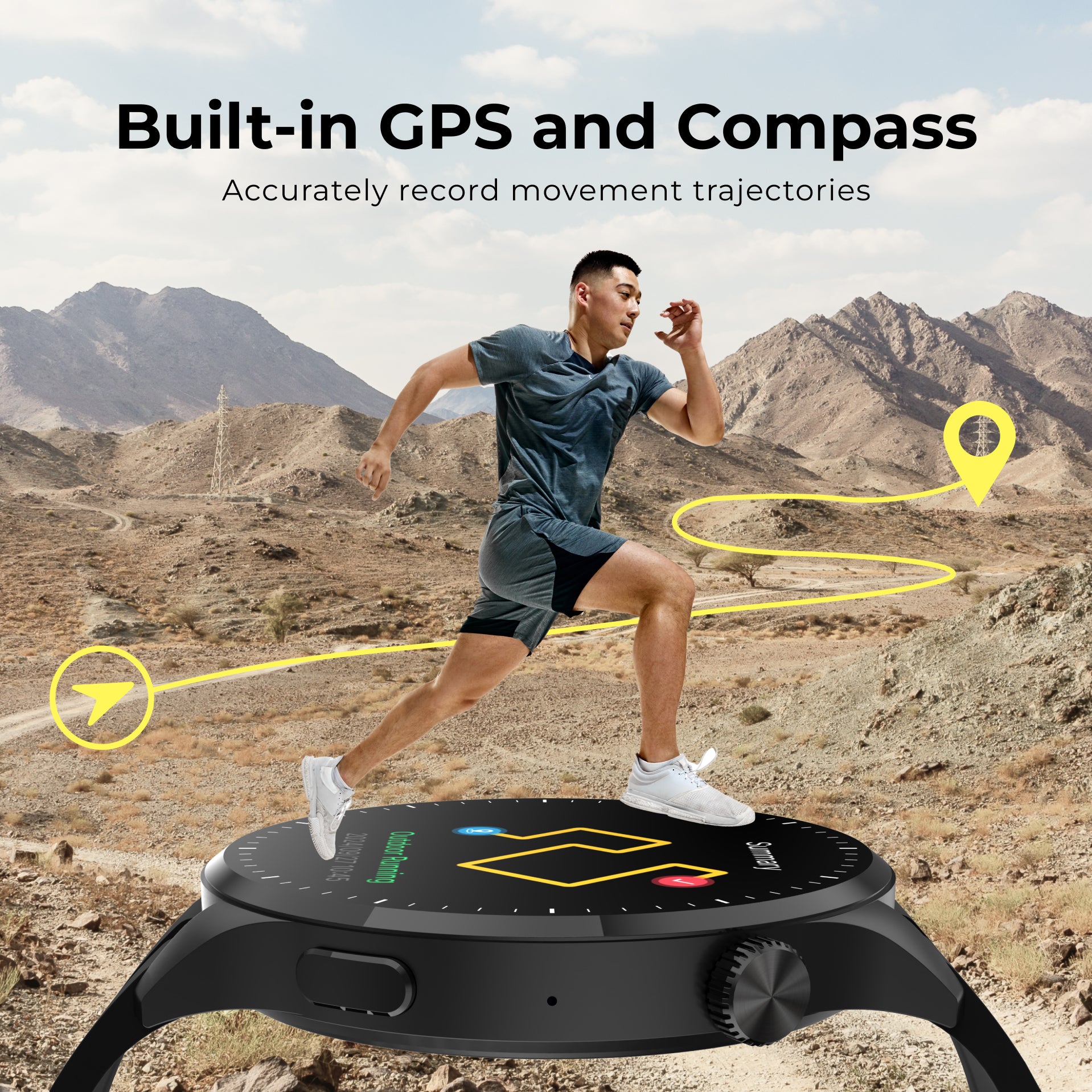 A black smartwatch with a circular display is shown in the foreground, overlaid with text reading 'Built-in GPS and Compass' and 'Accurately record movement trajectories.' A man running through a rocky desert landscape appears behind it, with yellow map and arrow graphics illustrating GPS tracking.