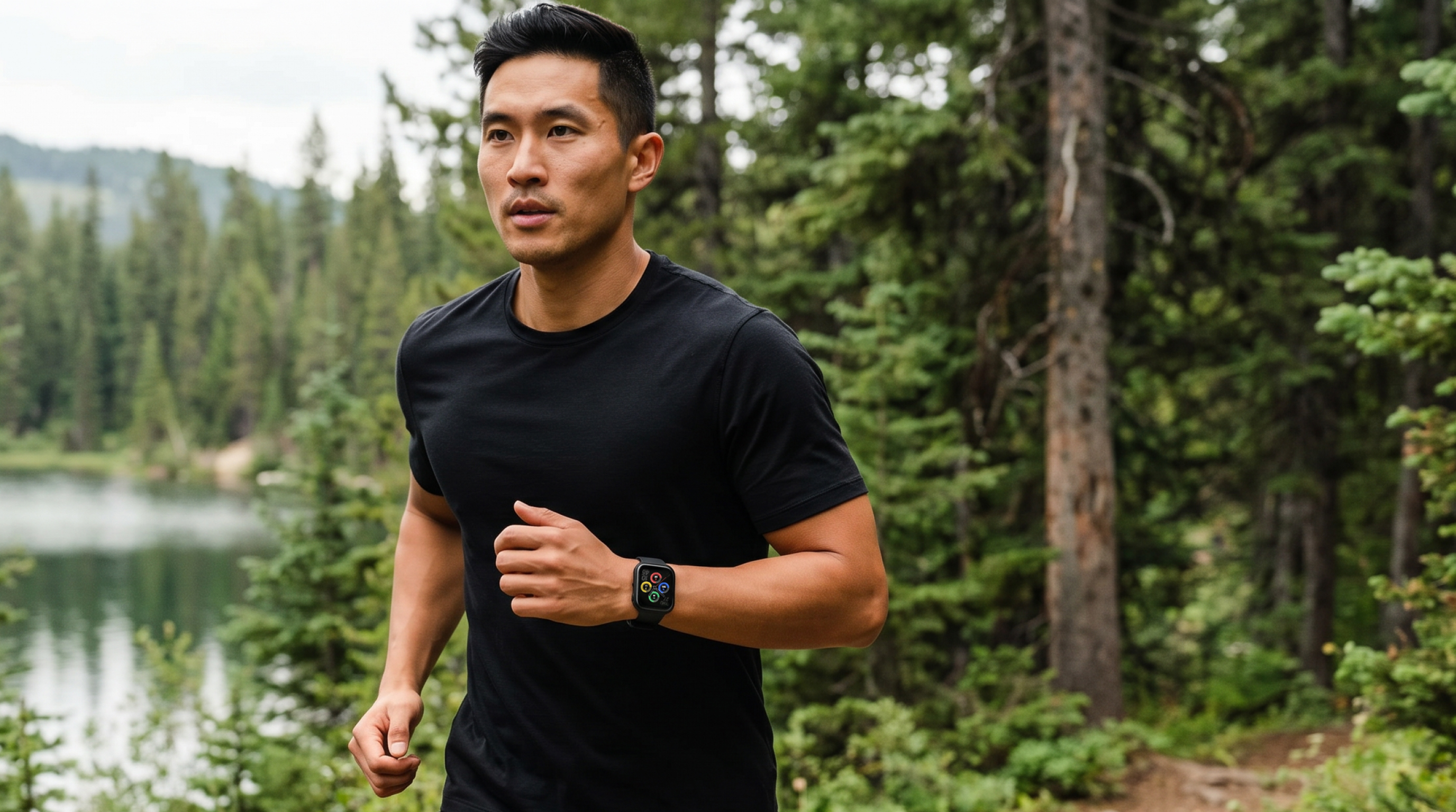 Man in black athletic wear running in a forest with a lake in the background