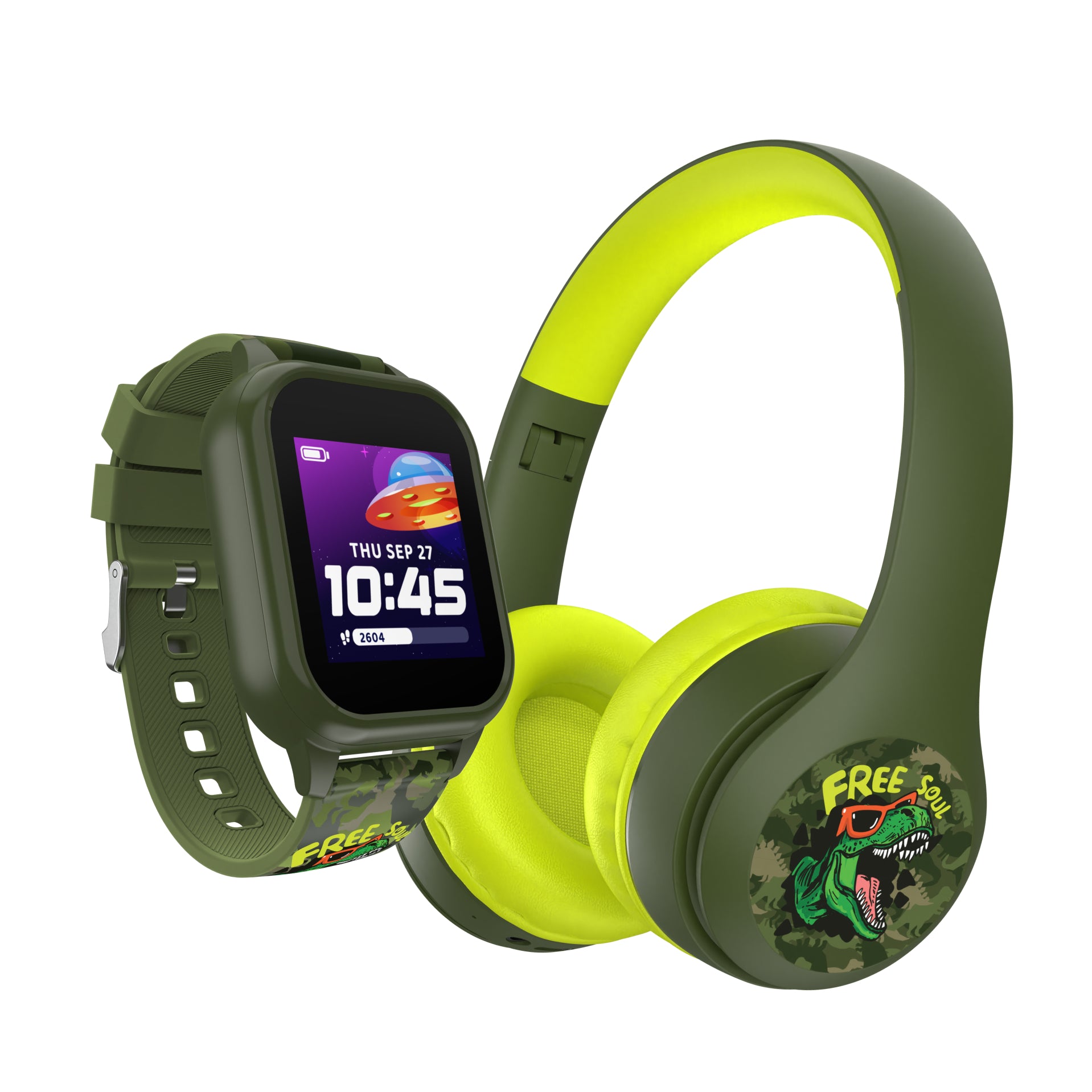 Smartwatch and headphones with a dinosaur design on a white background
