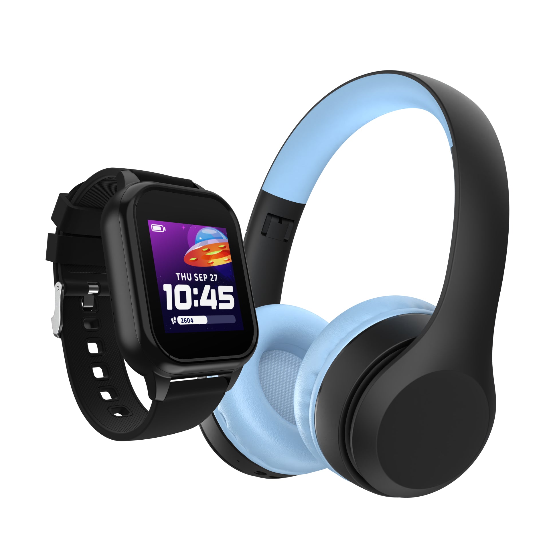 Smartwatch and headphones on a white background