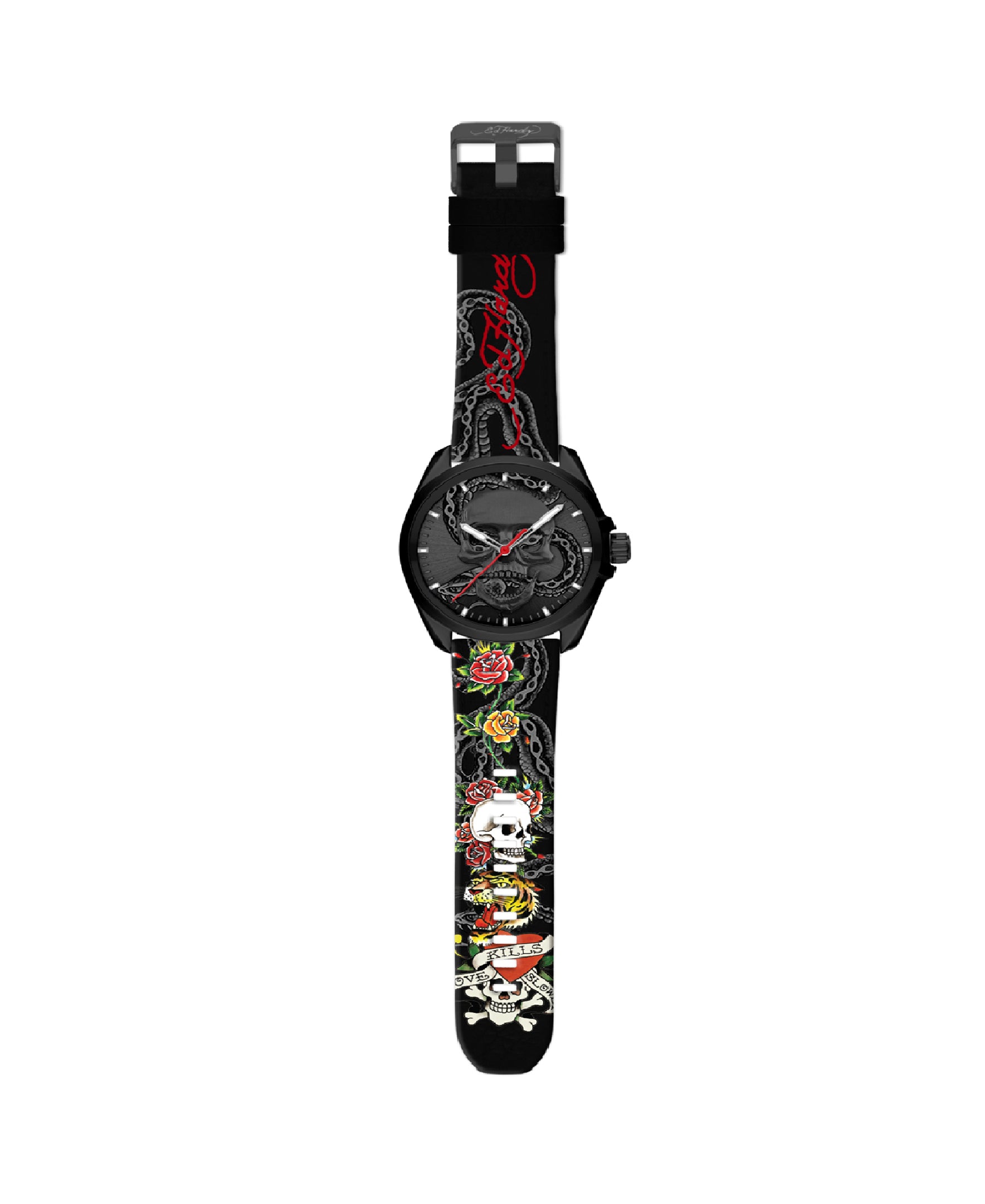 Ed Hardy Mens Rubber Blk/Multi(Prt.) Skull Watch