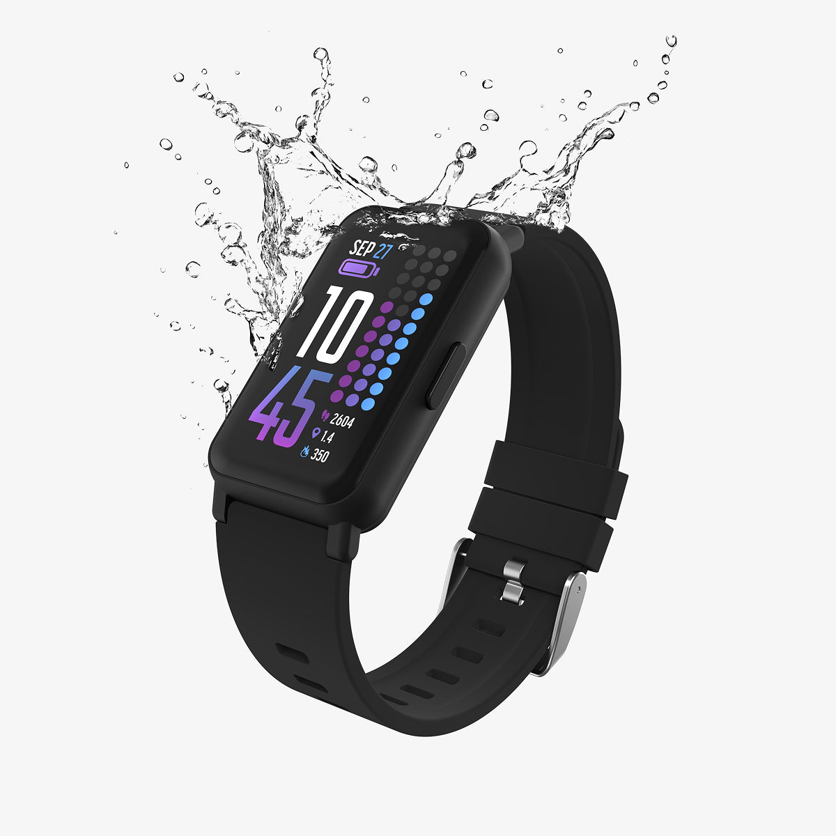 Black smartwatch with water splashing around it on a white background