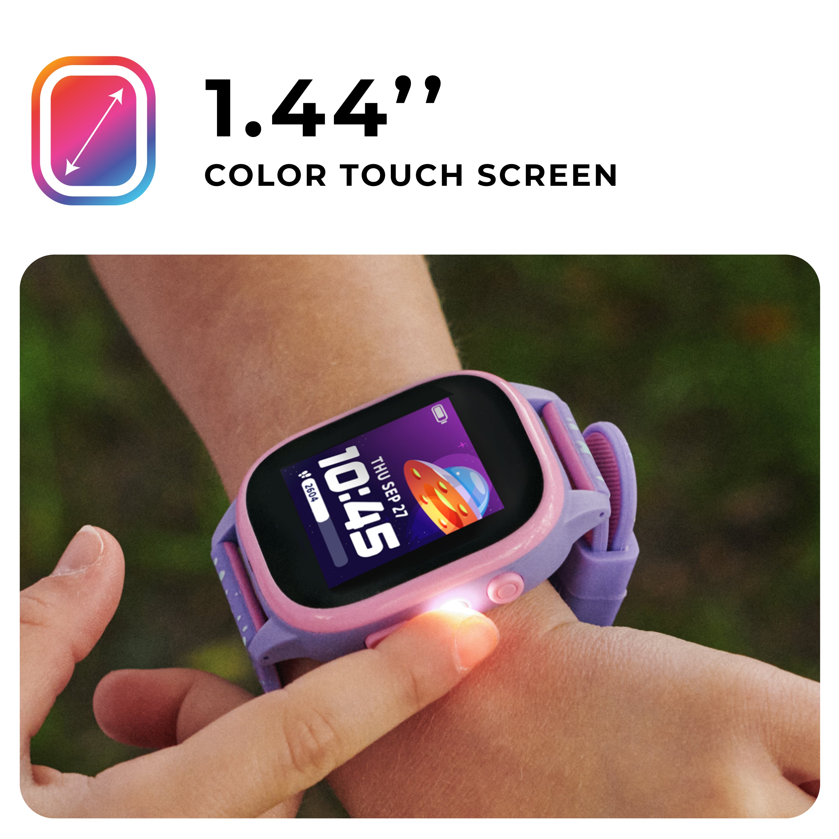 Smartwatch with color touch screen on a wrist, with a blurred outdoor background