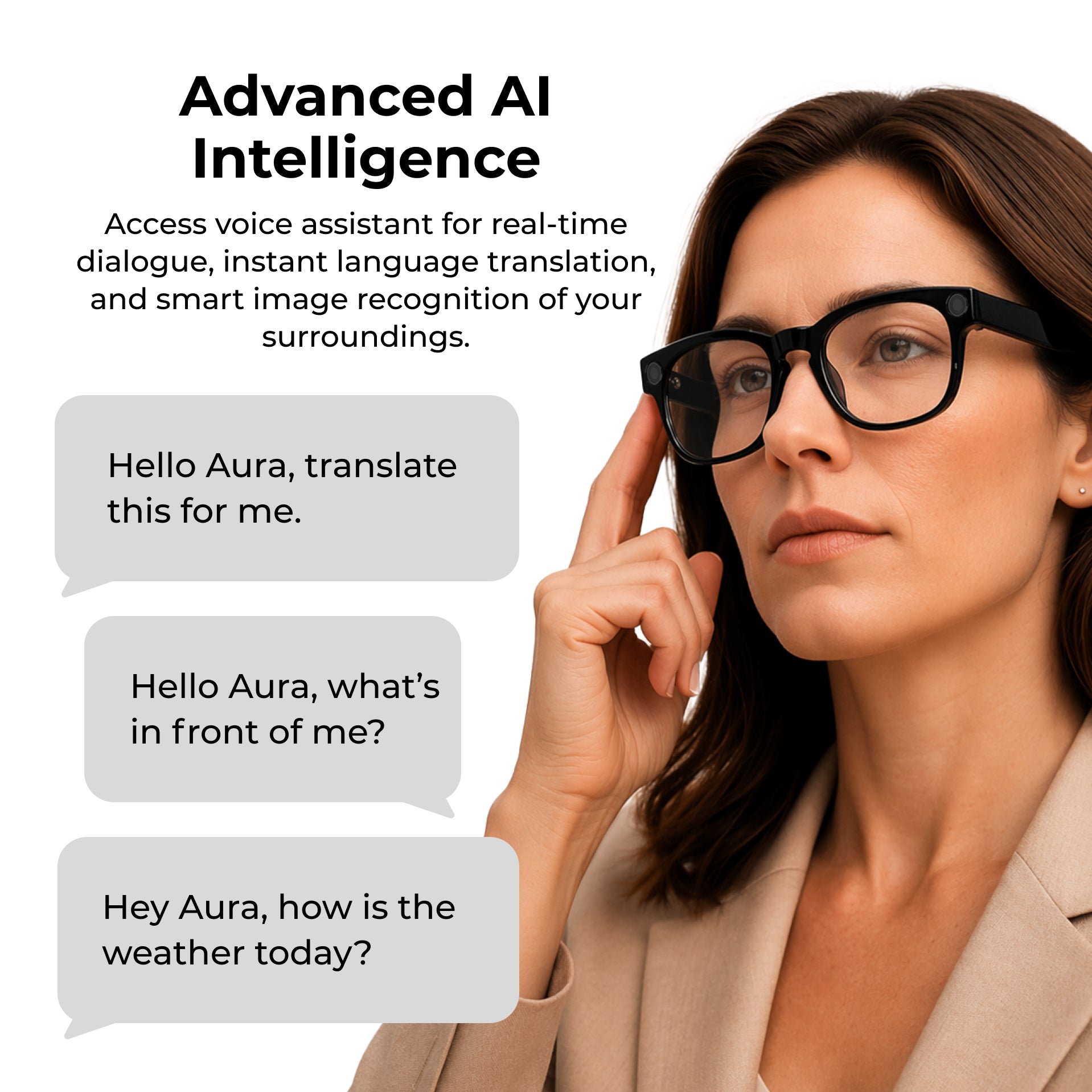 A woman with brown hair and black rectangular eyeglasses is shown in a studio-style promotional graphic. Speech bubbles on the left read prompts such as 'Hello Aura, translate this for me.