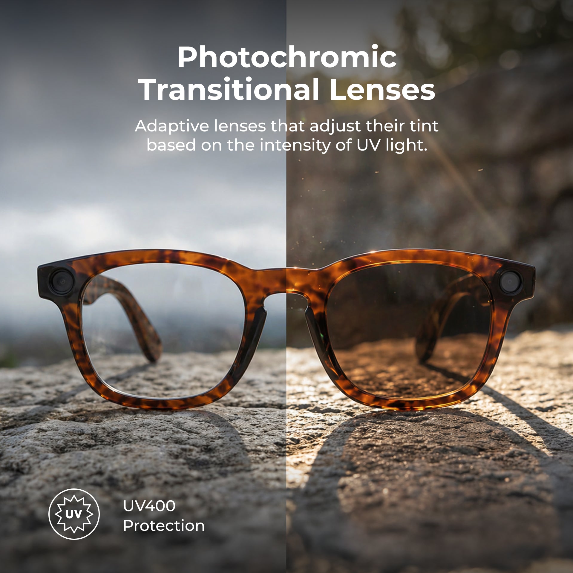 Tortoiseshell photochromic transition lenses in a pair of square-framed eyeglasses, shown resting on a stone surface with a split-screen demonstration of their adaptive tint in different light levels. Text overlays read 'Photochromic Transitional Lenses' and 'UV400 Protection'.