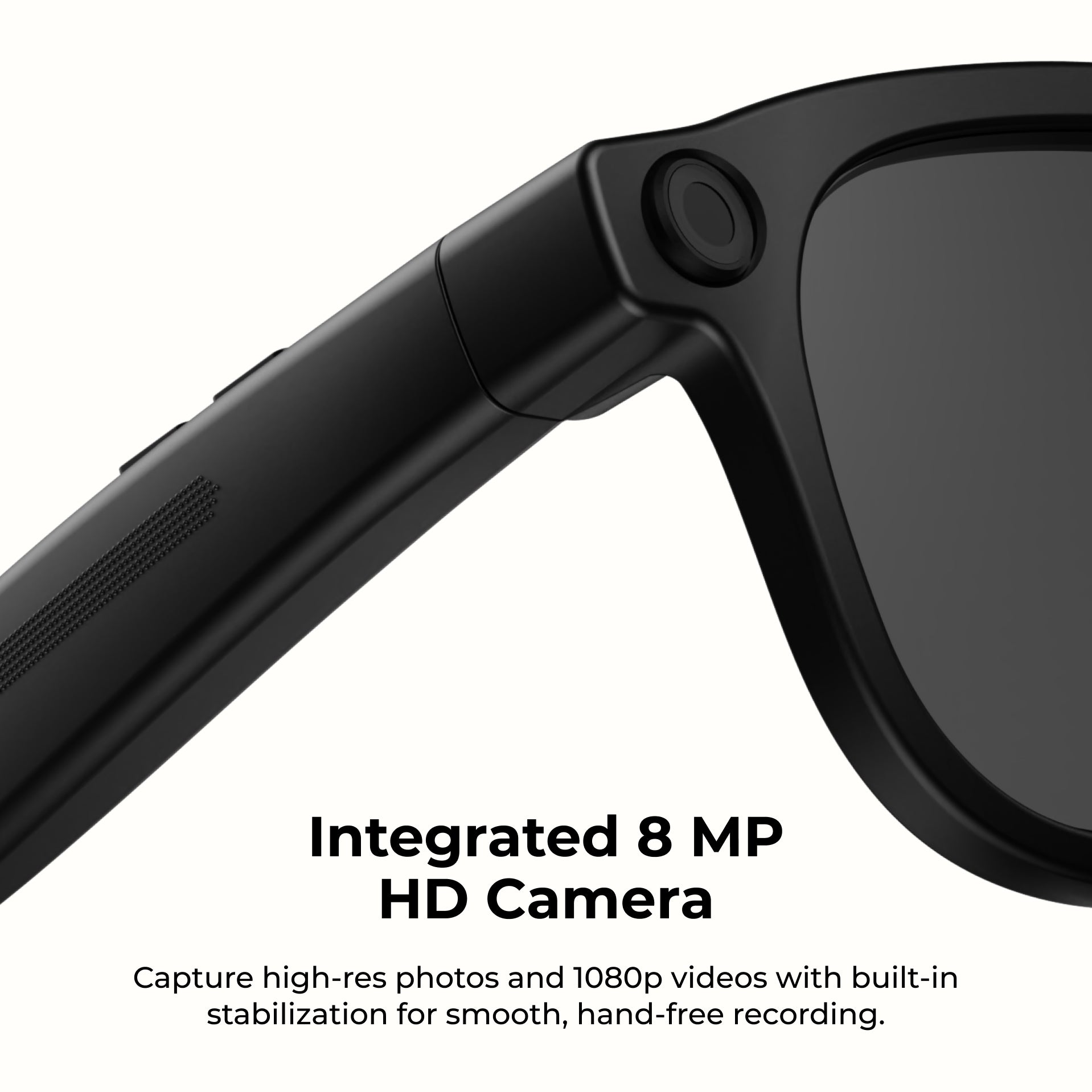 Close-up of a black smartwatch or camera-equipped eyewear frame with text reading 'Integrated 8 MP HD Camera' and smaller text about high-res photos and 1080p videos on a white background.