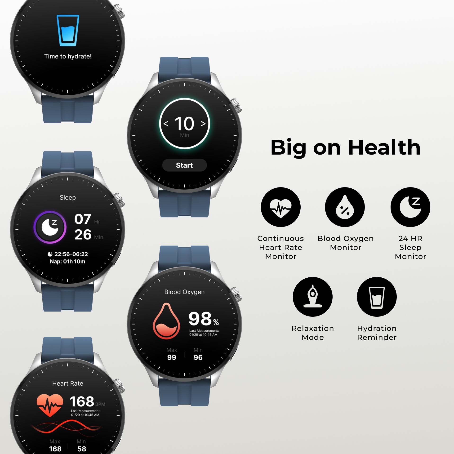 Five smartwatches with blue straps are arranged on a light gray background, each showing a different health or fitness screen. To the right, black icons and text highlight features such as big on health, continuous heart rate monitor, blood oxygen monitor, 24 hr sleep monitor, relaxation mode, and hydration reminder.