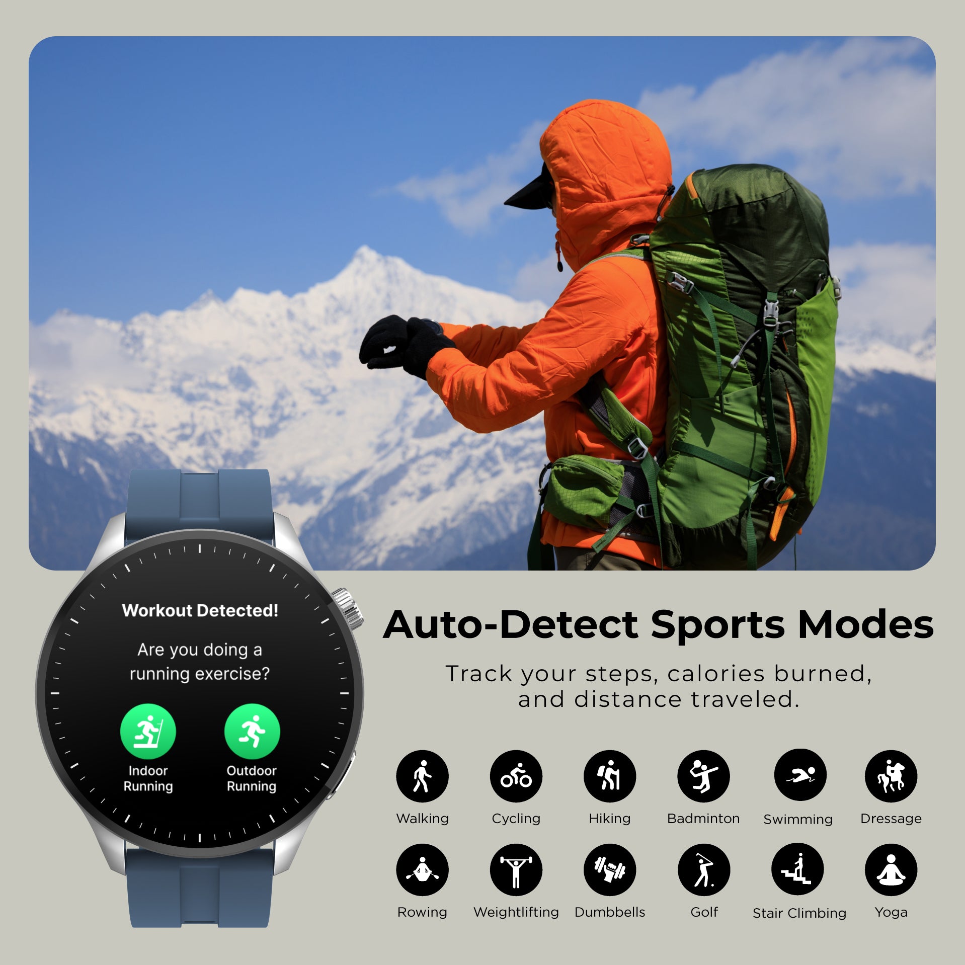 A smartwatch shown alongside a lifestyle photo of a hiker with a large green backpack against snowy mountains. Text reads 'Workout Detected! Auto-Detect Sports Modes' with exercise mode icons below.