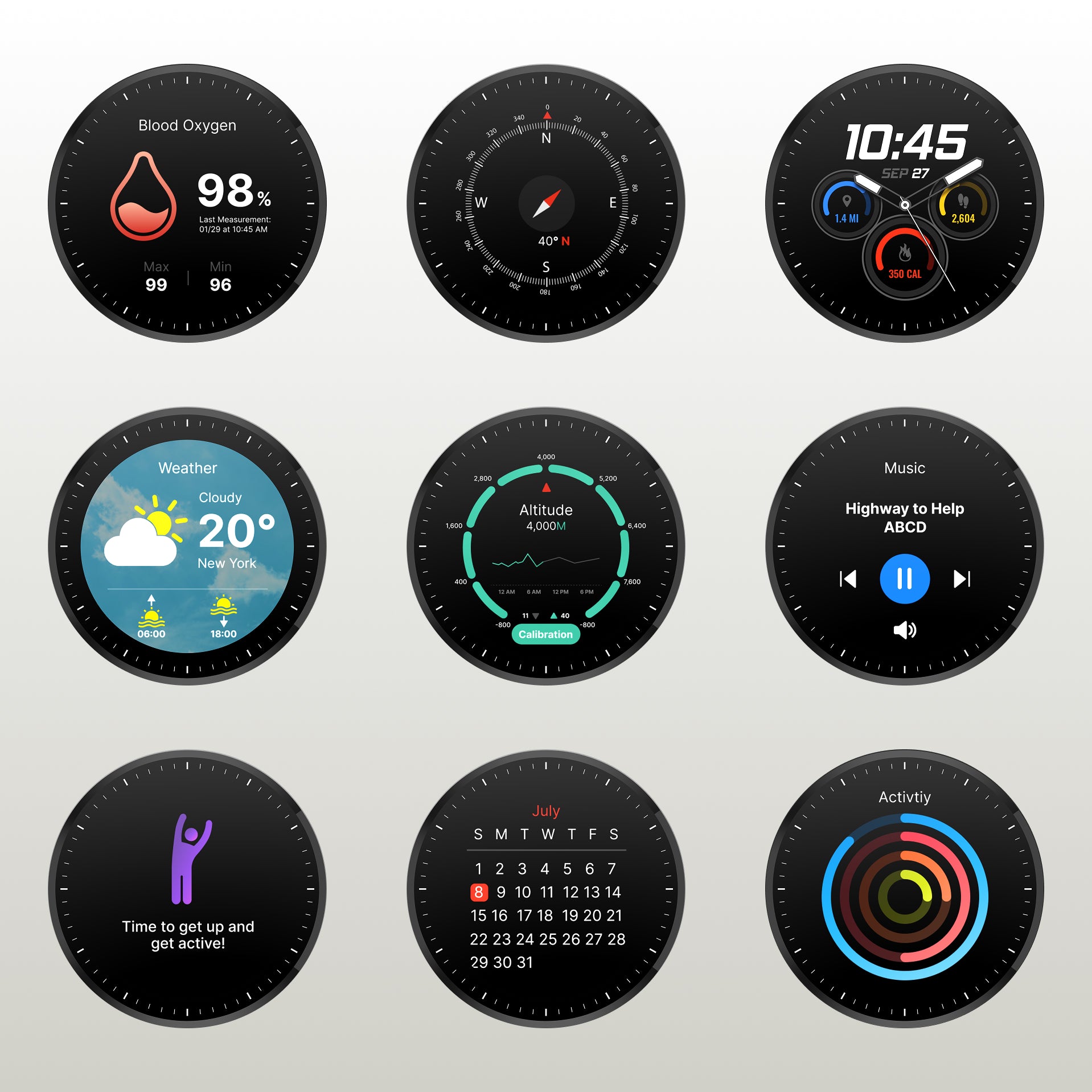 A 3x3 grid of nine smartwatch watch face designs on black circular screens, showing different digital interfaces such as blood oxygen, compass, time, weather, activity, calendar, and music controls.