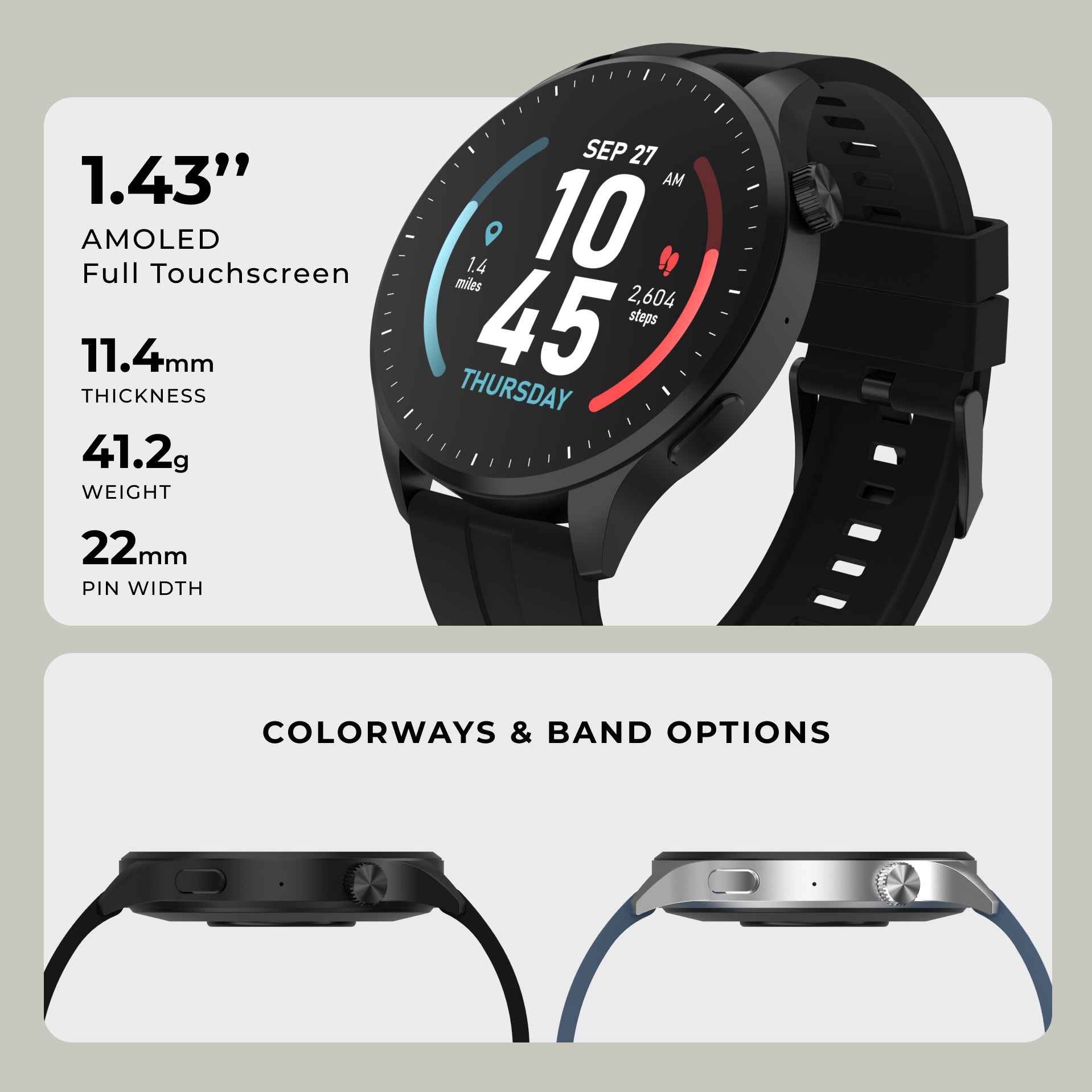 Promotional graphic for a smartwatch showing a black round watch face with a black band on a light gray background. Text on the left lists specs: 1.