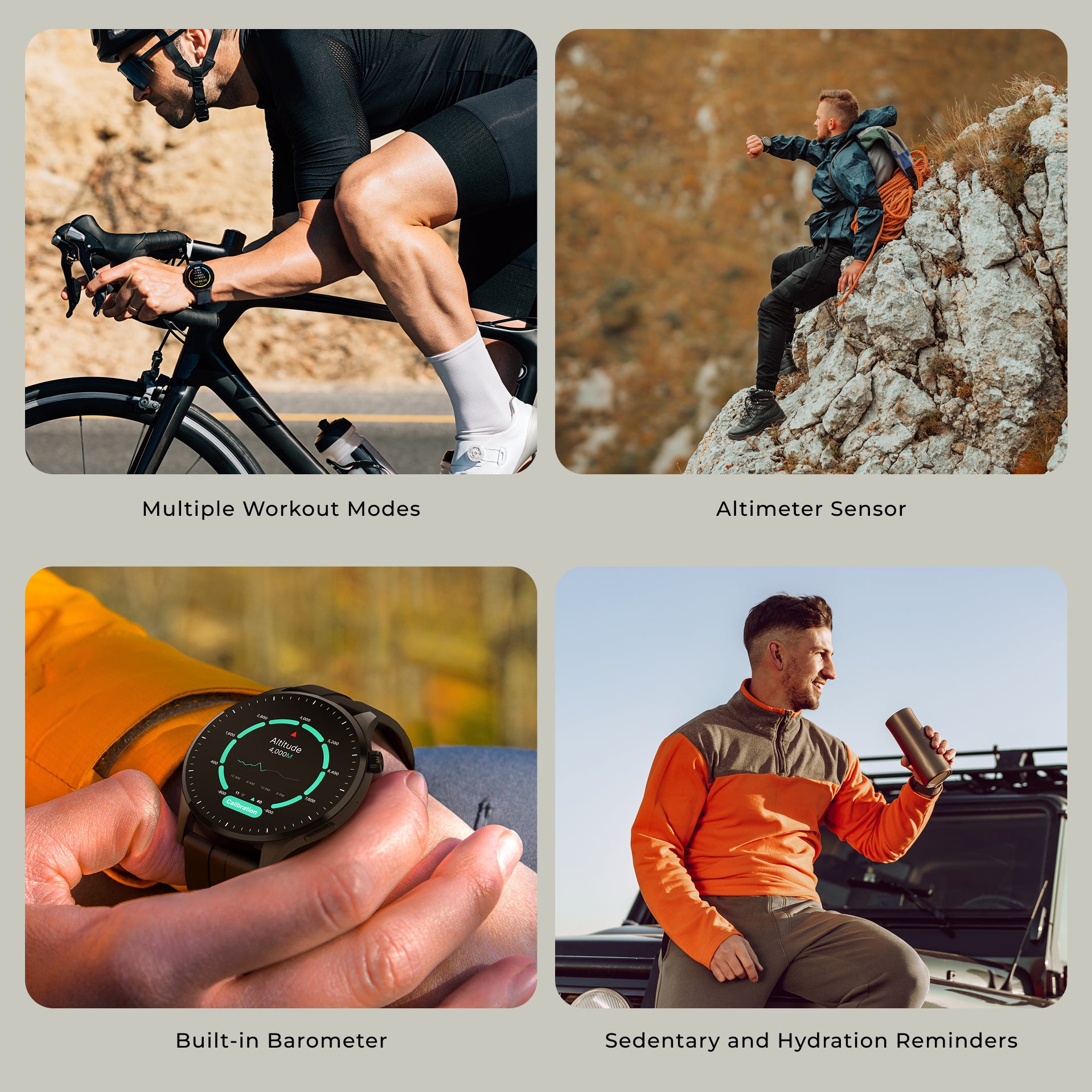 A 2x2 collage showing a black smartwatch in use: cycling on a road, climbing a rock, being checked in a hand, and sitting in a vehicle. Text labels read 'Multiple Workout Modes', 'Altimeter Sensor', 'Built-in Barometer', and 'Sedentary and Hydration Reminders'.