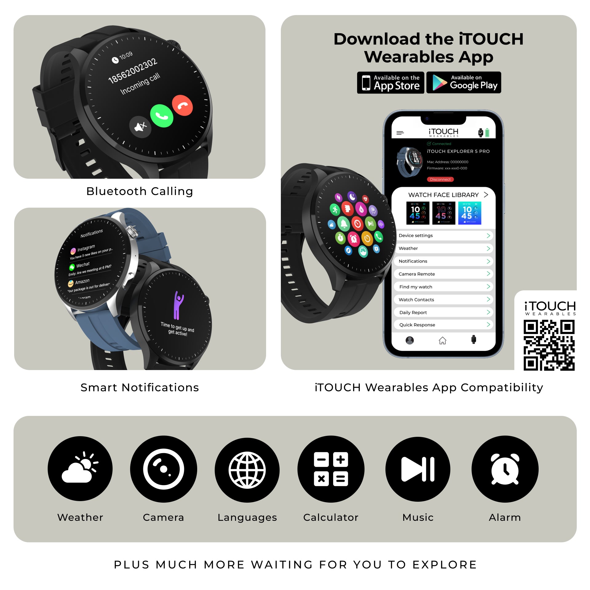 Promotional graphic for the iTOUCH Wearables app and smartwatch compatibility, showing two smartwatches with app interface examples, icons for Bluetooth calling and smart notifications, and feature badges for weather, camera, languages, calculator, music, and alarm.