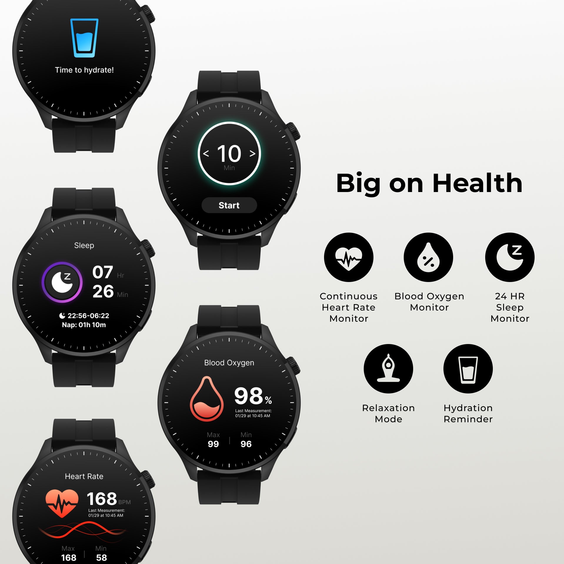 A promotional graphic showing five black smartwatches with round screens displaying different health and fitness interfaces, alongside text reading 'Big on Health' and feature icons for continuous heart rate monitor, blood oxygen monitor, 24 hr sleep monitor, relaxation mode, and hydration reminder.
