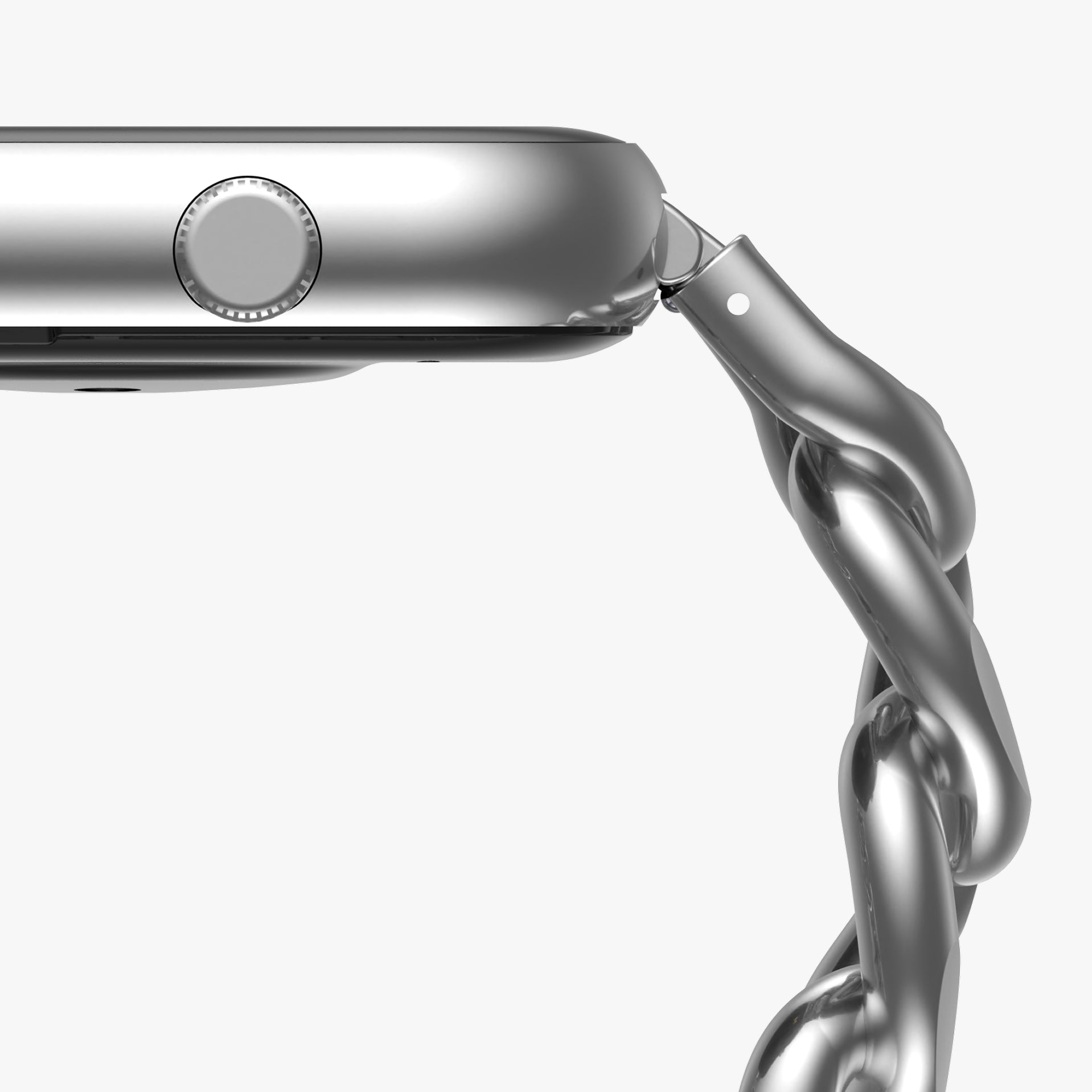 Close-up of a silver smartwatch with a chain-like band on a white background