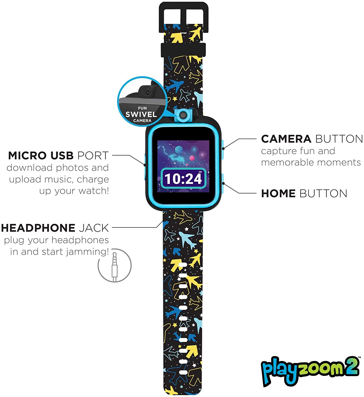 PlayZoom 2 Kids Smartwatch & Earbuds Set: Airplane & Star Print