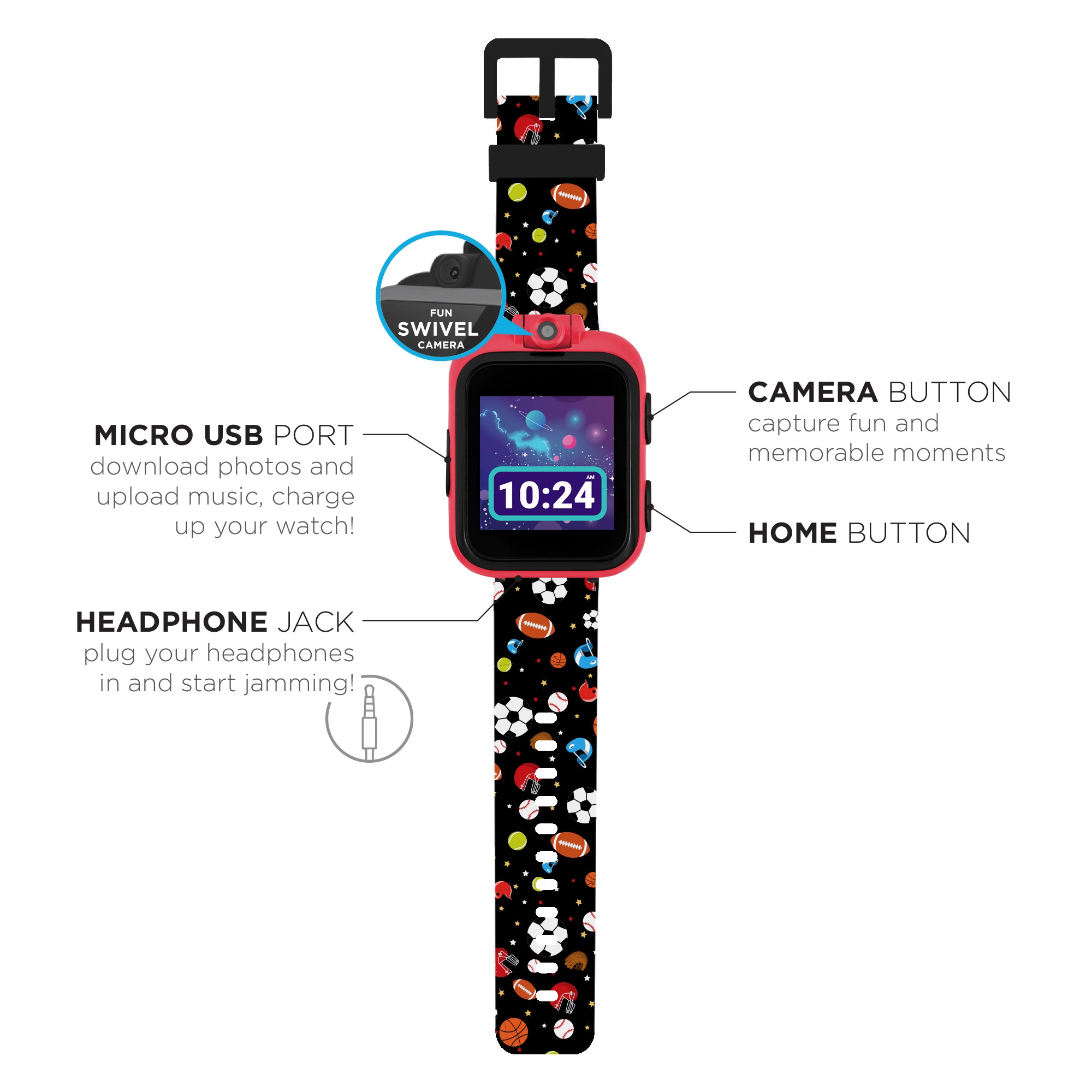 PlayZoom 2 Kids Smartwatch with Headphones: Black Sports Print affordable smart watch with headphones